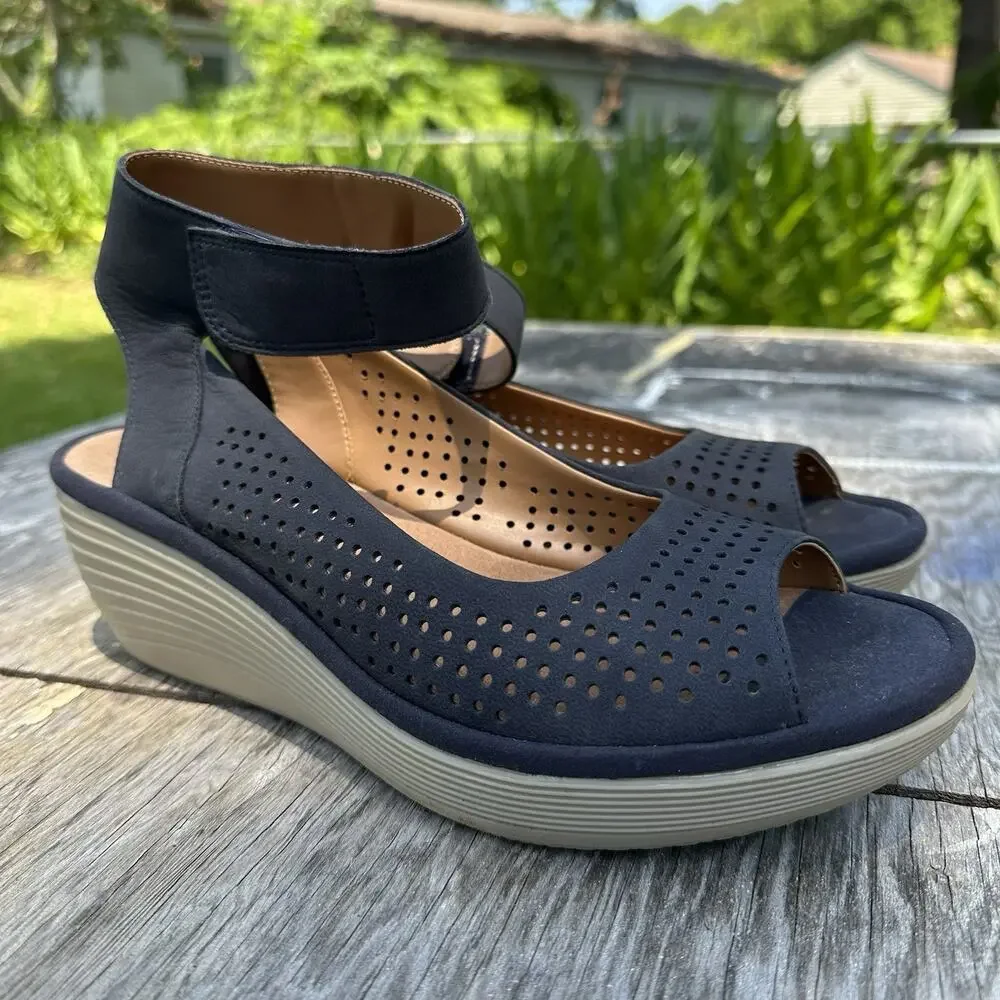 Clarks Artisan Clarene Prima Women's 9.5 Navy Suede Platform Wedge Sandals 940